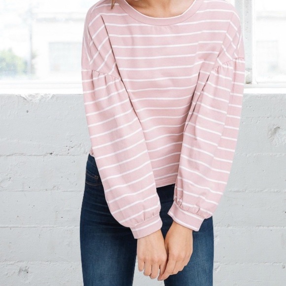 Pink Puff Sleeve Crewneck Crop Sweatshirt - Picture 3 of 6